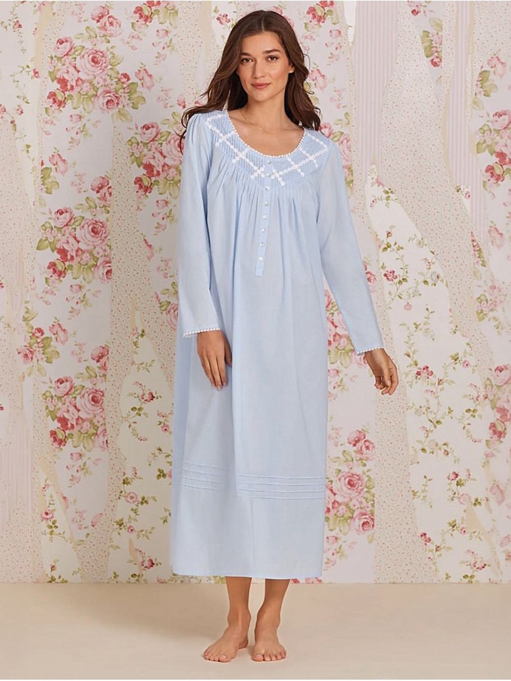 Eileen West Tradwife Nightgown XL Light Blue Cotton Long Sleeve Cottage